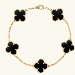 Gold-Plated Black Clover Link Bracelet New